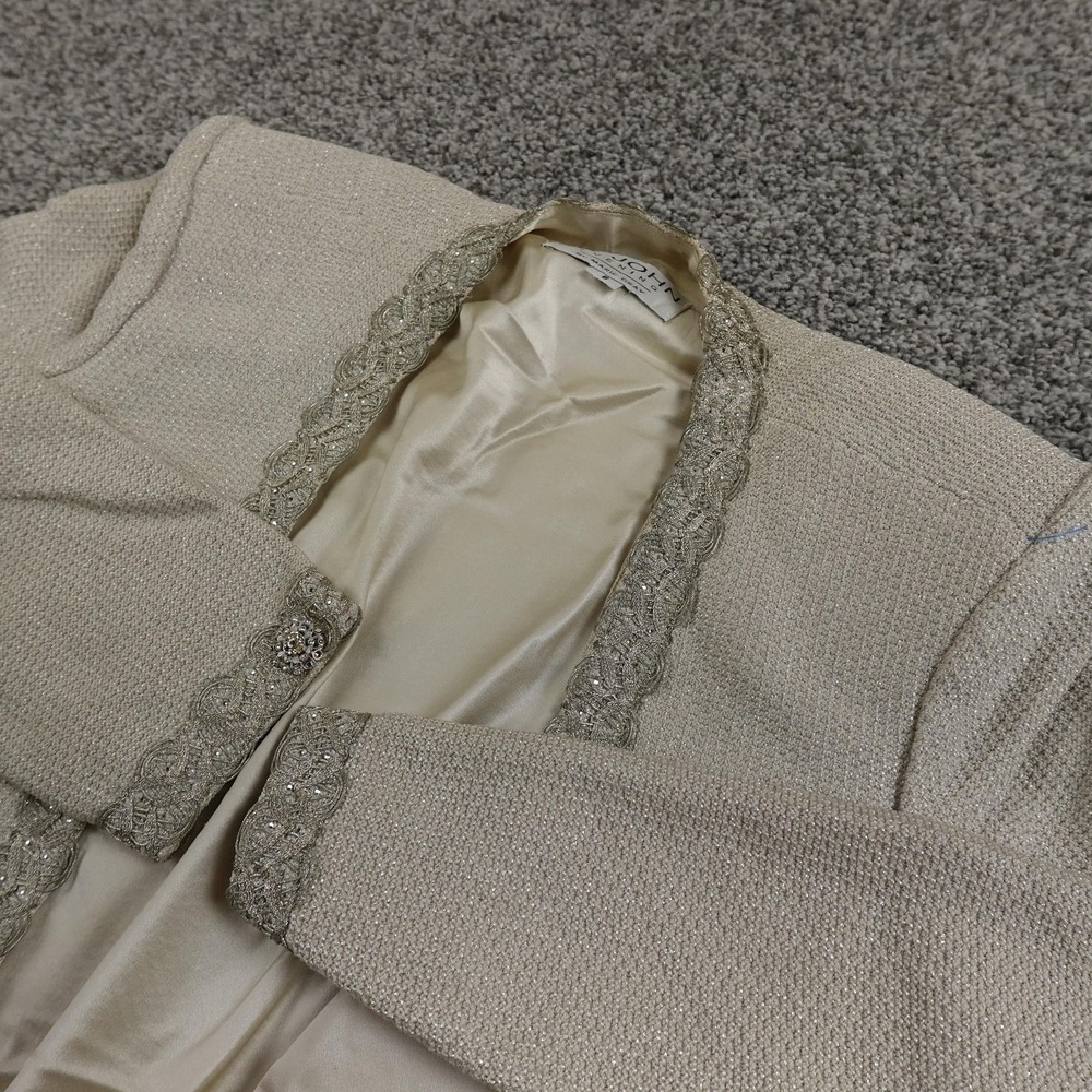 St John Evening Blazer Womens 8 Beige Gray Collarless Blazer Sport Jacket Formal